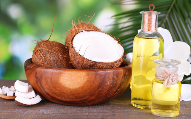 Coconut oil bottle bowl coconuts free wallpaper for desktop - medium preview image