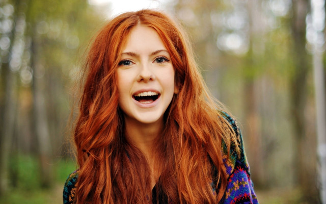 Red haired woman forest smiling free wallpaper for desktop - medium preview image