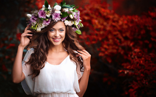 Woman flower crown tree red free wallpaper for desktop - medium preview image