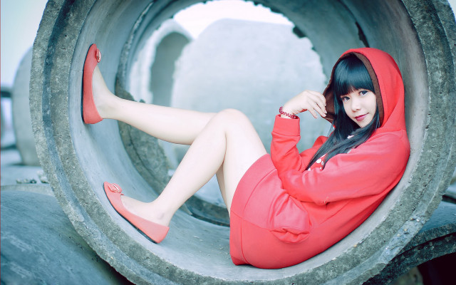 Woman red hoodie sitting pipe free wallpaper for desktop - medium preview image