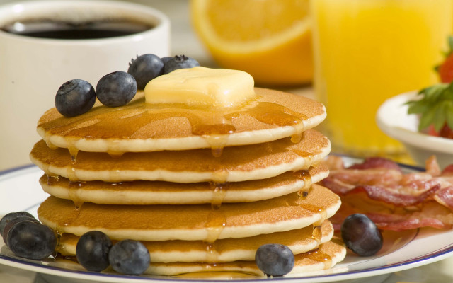 Pancakes syrup blueberries bacon orange free wallpaper for desktop - medium preview image