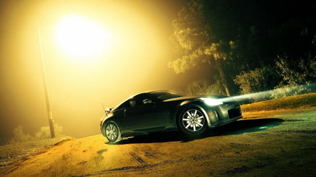 Car night lighting trees matte free wallpaper for desktop - medium preview image