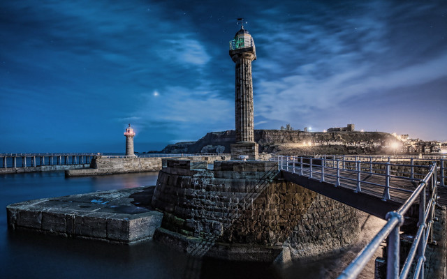 Lighthouse pier night moon cityscape free wallpaper for desktop - medium preview image