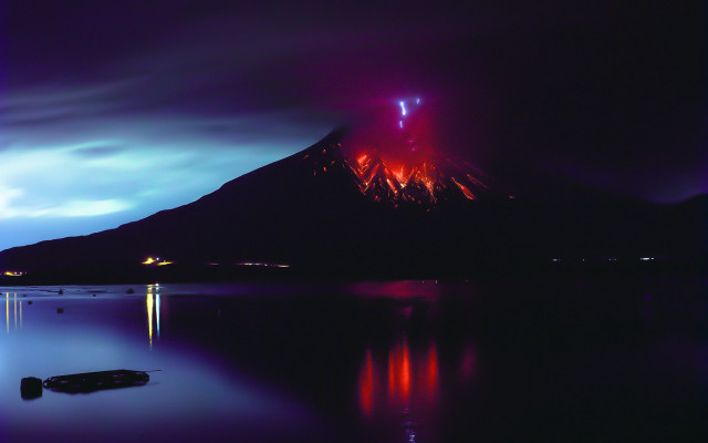 Volcano red light reflection water free wallpaper for desktop - medium preview image