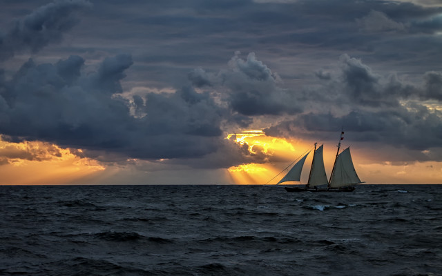 Sailboat ocean sunset clouds mattepainting free wallpaper for desktop - medium preview image