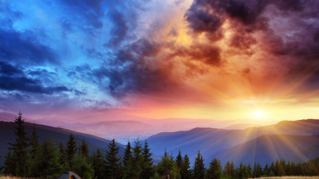 Sunset mountain range tent foreground free wallpaper for desktop - medium preview image