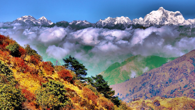 Mountain range clouds trees autumn free wallpaper for desktop - medium preview image