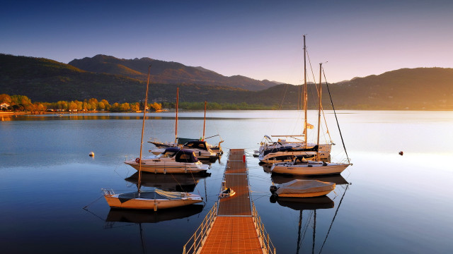 Lake dock boats mountains sunset #2 free wallpaper for desktop - medium preview image