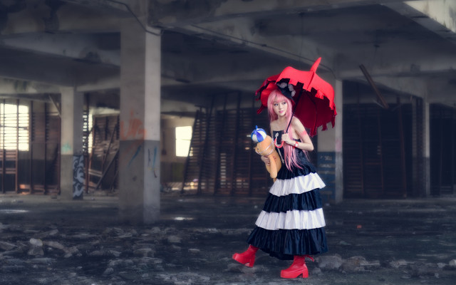 Woman umbrella dress city rain free wallpaper for desktop - medium preview image