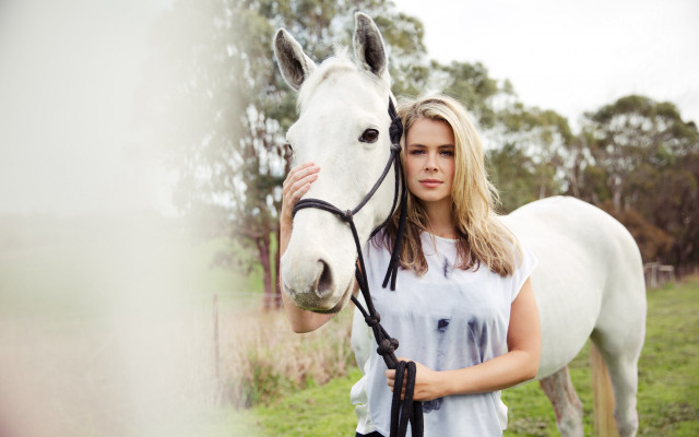 Woman horse field trees fence free wallpaper for desktop - medium preview image