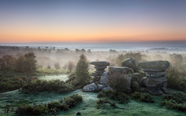 Misty sunrise field rocks trees free wallpaper for desktop - medium preview image