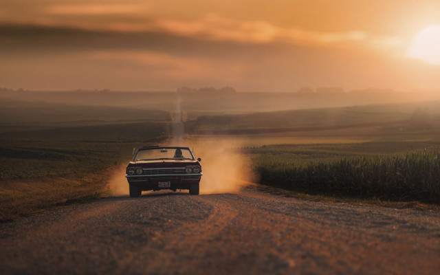 Car dirt road sunset dust free wallpaper for desktop - medium preview image