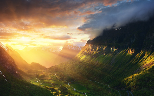 Sunset valley mountains winding road free wallpaper for desktop - medium preview image