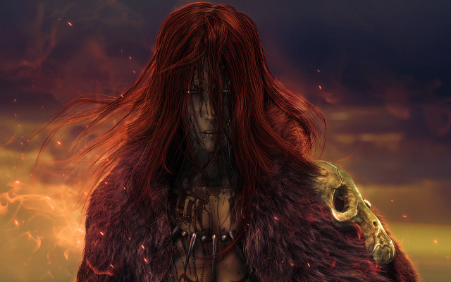 Red haired demon outfit fire free wallpaper for desktop - medium preview image