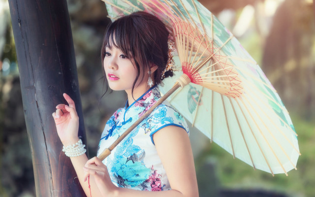 Woman umbrella park blue dress free wallpaper for desktop - medium preview image