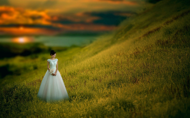 Woman white dress field sunset free wallpaper for desktop - medium preview image