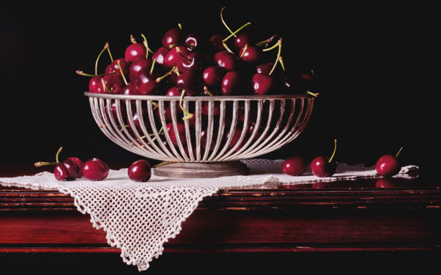 Bowl cherries lace doily table free wallpaper for desktop - medium preview image