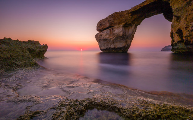 Rock arch sunset ocean landscape free wallpaper for desktop - medium preview image