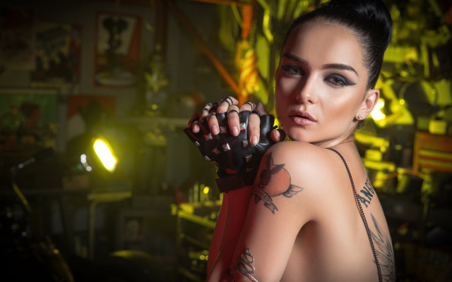 Gothic tattooed woman glove serious free wallpaper for desktop - medium preview image