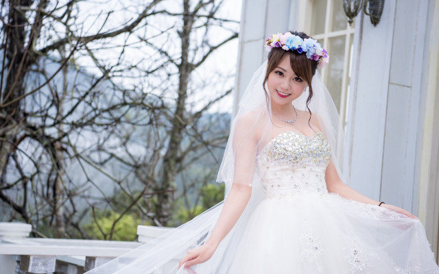 Bride weddingdress veil cherryblossoms outdoor free wallpaper for desktop - medium preview image