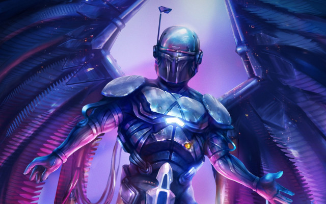 Futuristic man alien armor sword free wallpaper for desktop - medium preview image