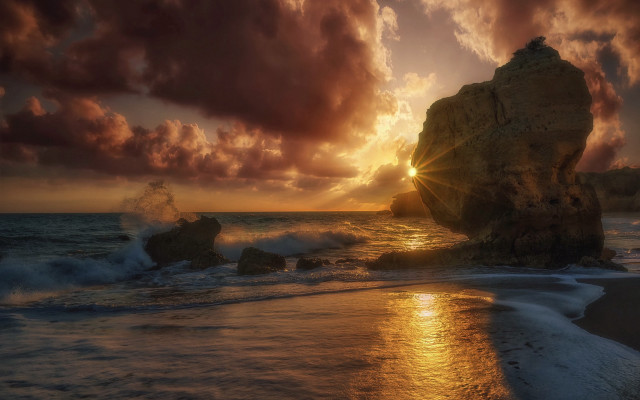 Sunset ocean rock formation matte free wallpaper for desktop - medium preview image