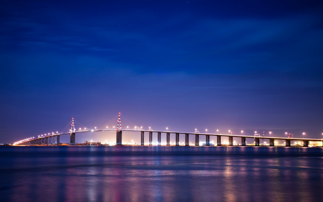 Bridge water night lights clouds free wallpaper for desktop - medium preview image