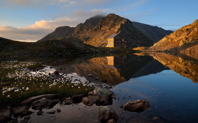 Mountain lake reflection house sunset free wallpaper for desktop - medium preview image