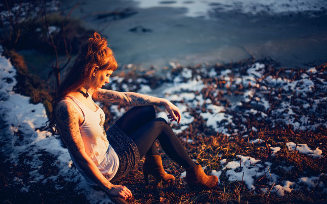 Woman snowy hill tattoo autumn free wallpaper for desktop - medium preview image