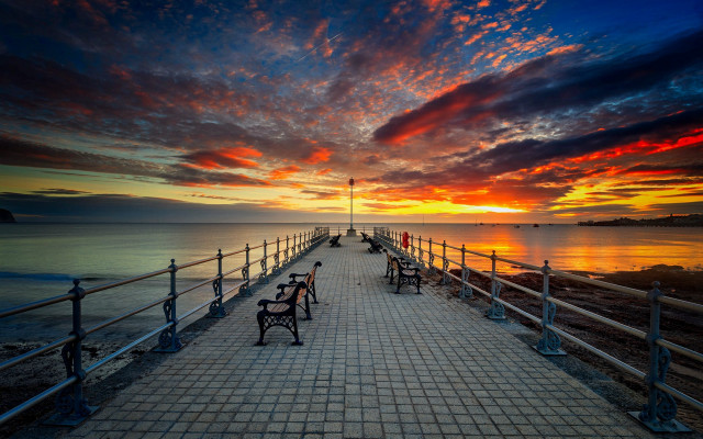 Sunset pier benches clouds water free wallpaper for desktop - medium preview image