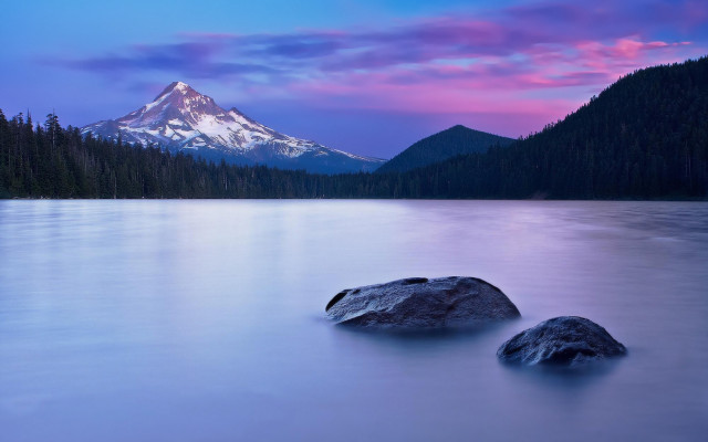 Mountain lake sunset forest rocks free wallpaper for desktop - medium preview image