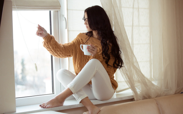 Woman coffee window sill minimalist free wallpaper for desktop - medium preview image