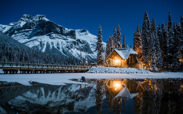 Cabin snow lake bridge mountain free wallpaper for desktop - medium preview image