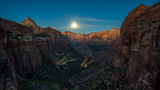 Canyon road fullmoon mountains lensflare free wallpaper for desktop - medium preview image