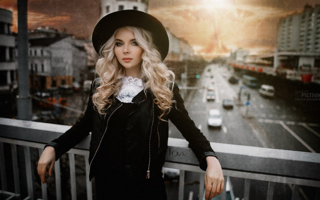 Blonde woman gothic cityscape balcony free wallpaper for desktop - medium preview image