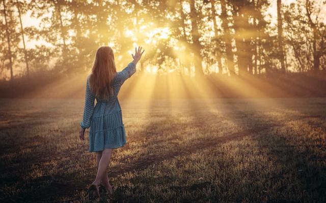 Woman blue dress outstretched arms free wallpaper for desktop - medium preview image