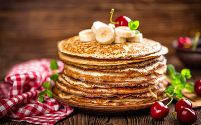 Pancakes bananas cherries plate checkeredcloth free wallpaper for desktop - medium preview image
