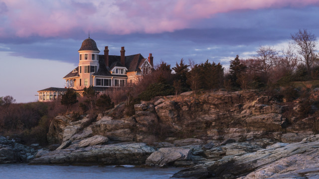 Cliffside house ocean forest sunset free wallpaper for desktop - medium preview image