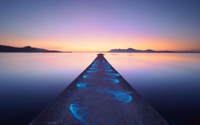 Pier lights biolu minimalist sunset free wallpaper for desktop - medium preview image