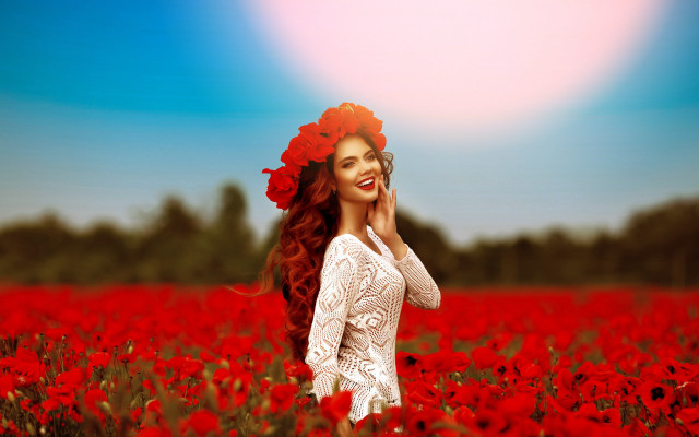 Woman red flower field cellphone free wallpaper for desktop - medium preview image