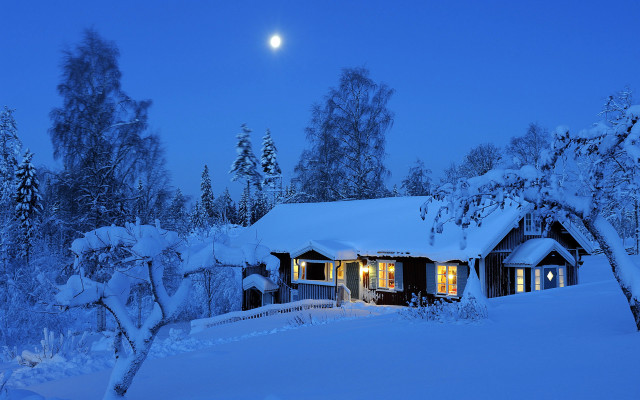 Snowy house fullmoon forest winter free wallpaper for desktop - medium preview image