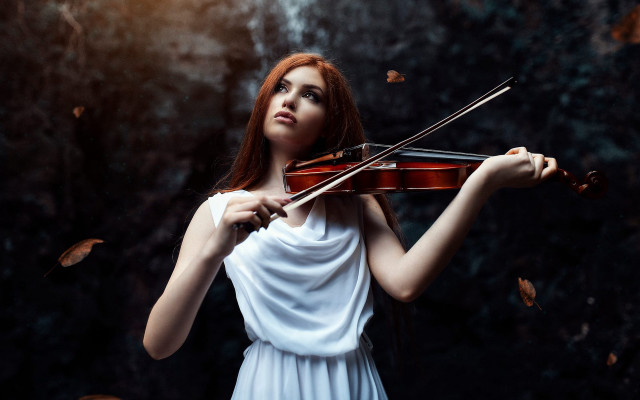 Woman white dress violin falling free wallpaper for desktop - medium preview image