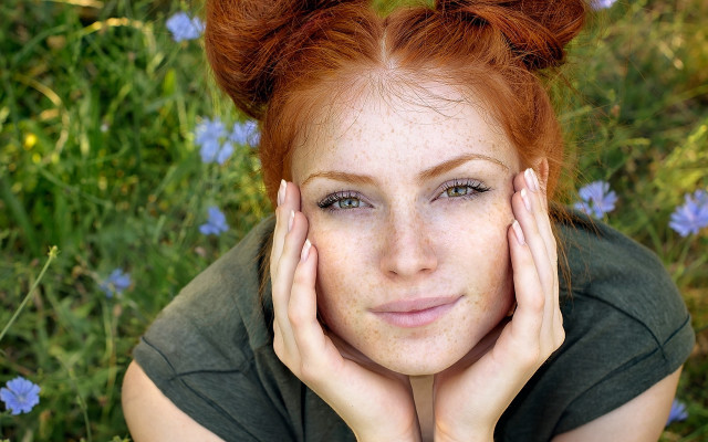 Red haired freckled woman flower free wallpaper for desktop - medium preview image
