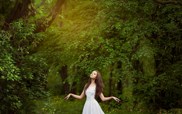 Woman white dress forest outstretched free wallpaper for desktop - medium preview image