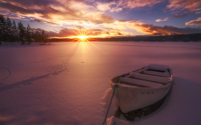 Snowy field boat sunset forest free wallpaper for desktop - medium preview image