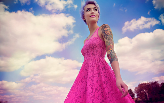 Woman pink dress field sky free wallpaper for desktop - medium preview image