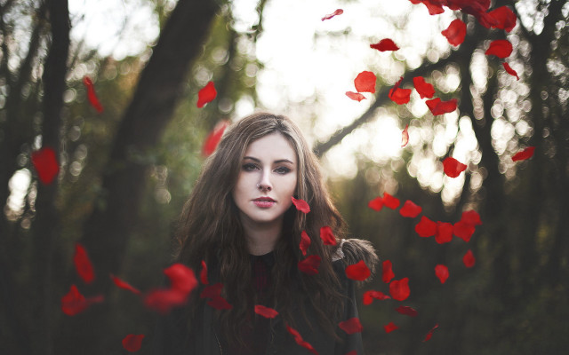 Woman forest falling petals red free wallpaper for desktop - medium preview image