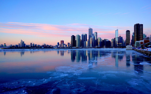 City skyline reflection lake winter free wallpaper for desktop - medium preview image