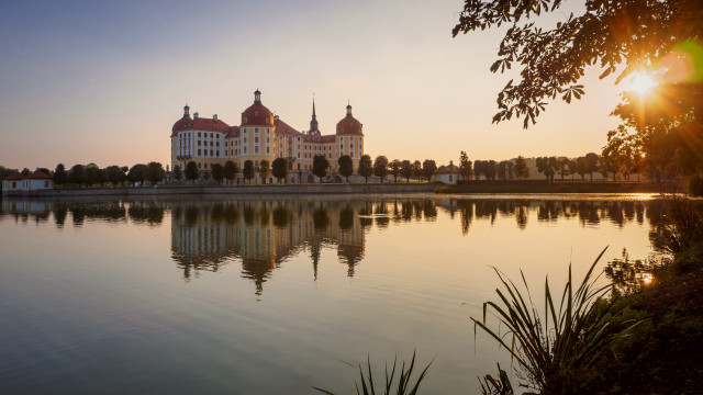Lake building forest hillside sunset free wallpaper for desktop - medium preview image