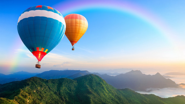 Hot air balloons mountains rainbow free wallpaper for desktop - medium preview image